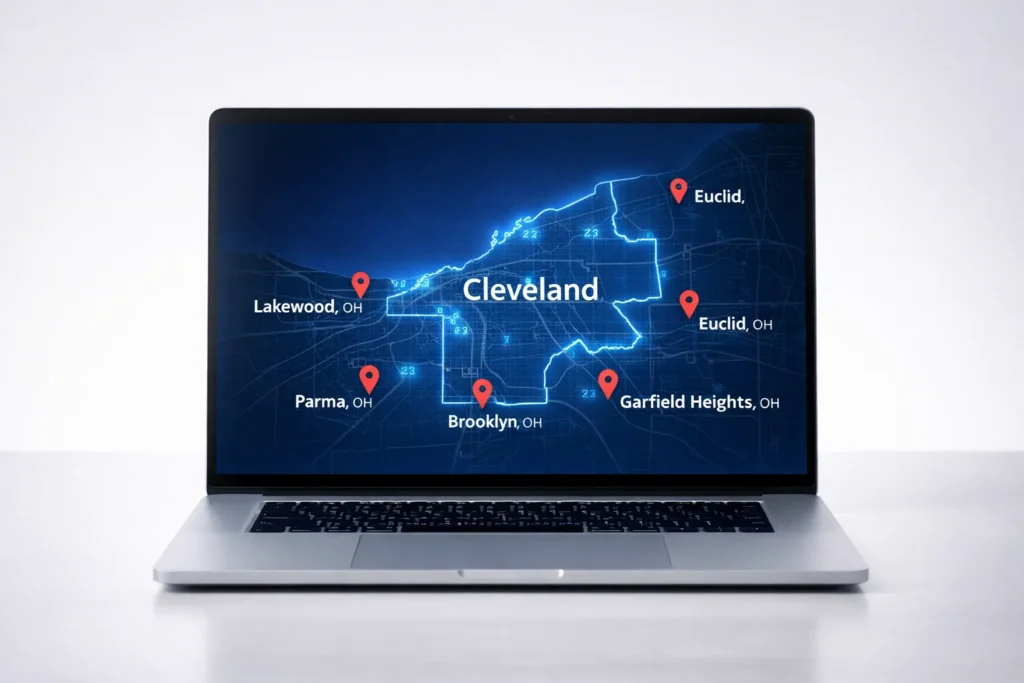 Laptop displaying a Cleveland Ohio map with boundary and location pins for Lakewood, Parma, Euclid, Brooklyn, and Garfield Heights in a digital interface