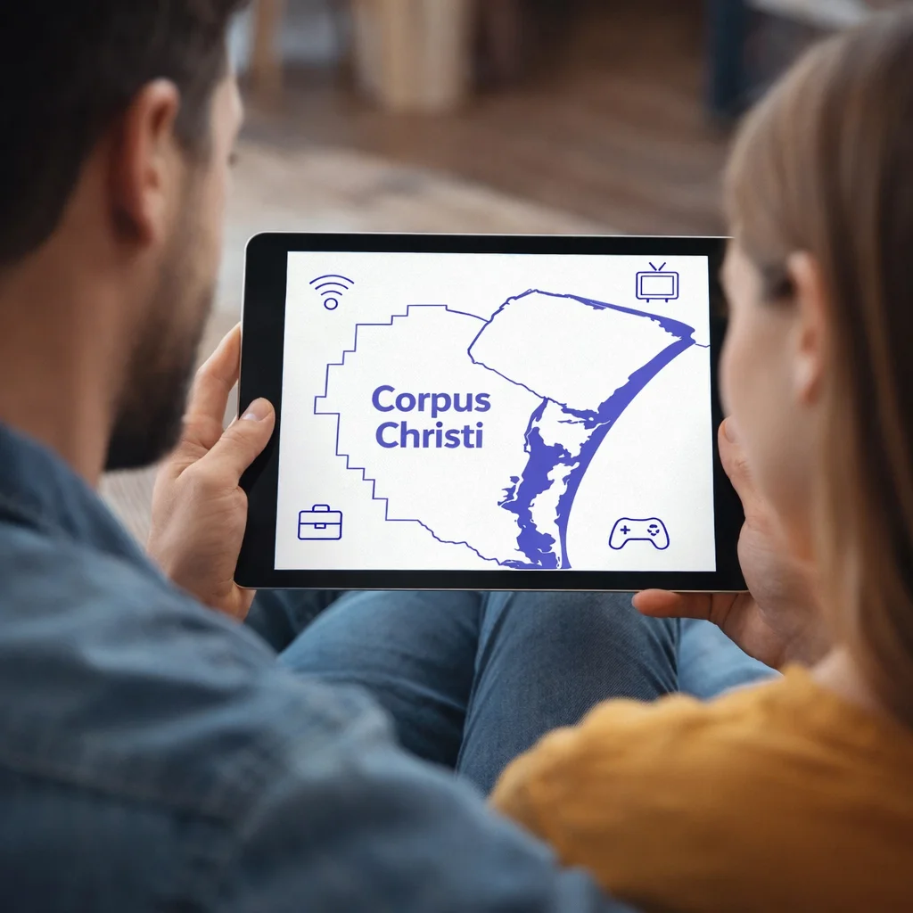 A couple sitting together on a couch holding a tablet that displays a Corpus Christi map with icons for WiFi, TV, work, and gaming services