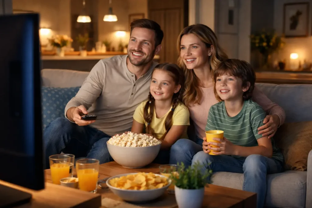 A happy family of four sitting together on a cozy sofa in a modern living room, watching TV and streaming a movie, with popcorn and drinks on the table in a warm, softly lit evening setting.