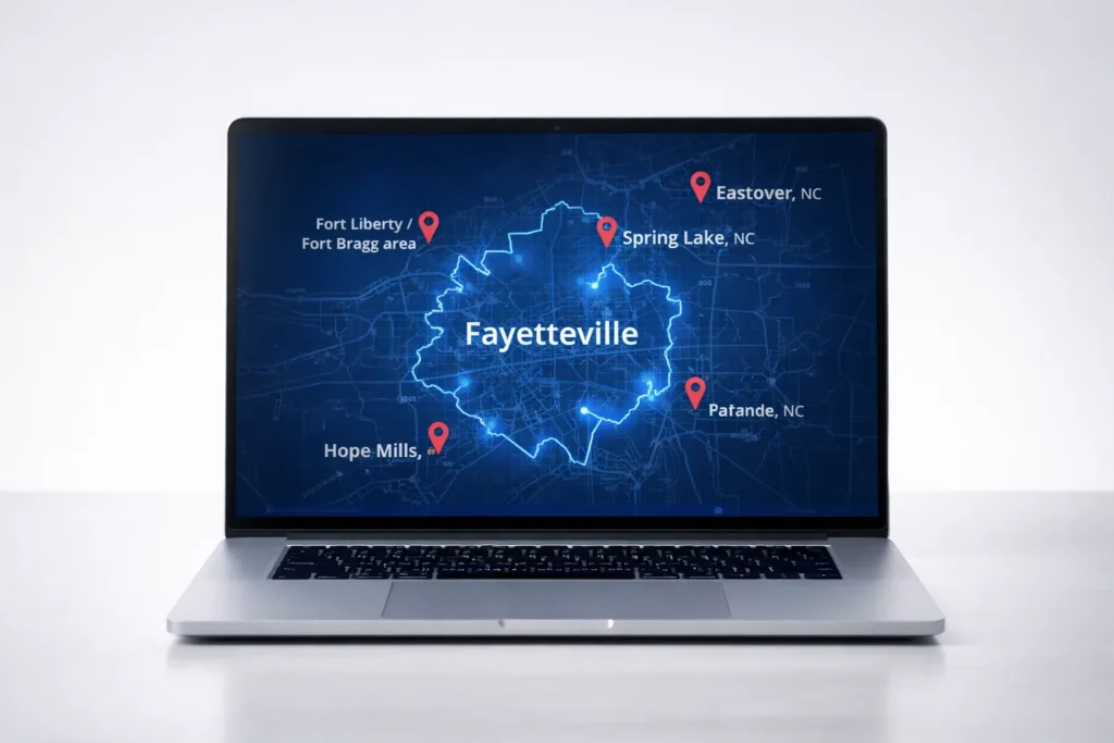 Laptop displaying a Fayetteville North Carolina map with boundary and location pins for Hope Mills, Spring Lake, Eastover, Raeford, and Fort Liberty Fort Bragg area