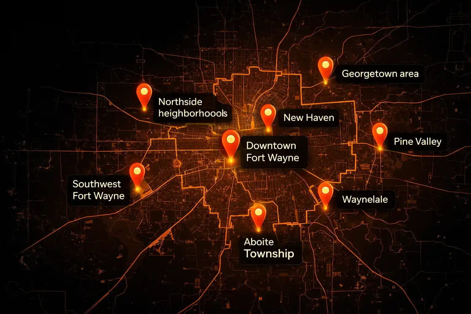 Fort Wayne IN Fiber Internet Coverage Map with Highlighted Neighborhoods