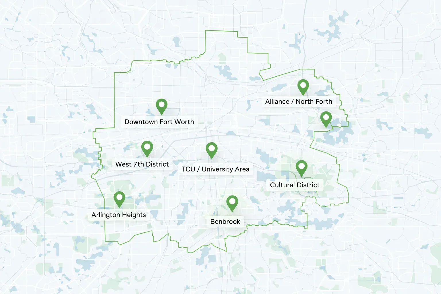 Fort Worth Neighborhood Map with Highlighted Coverage Areas