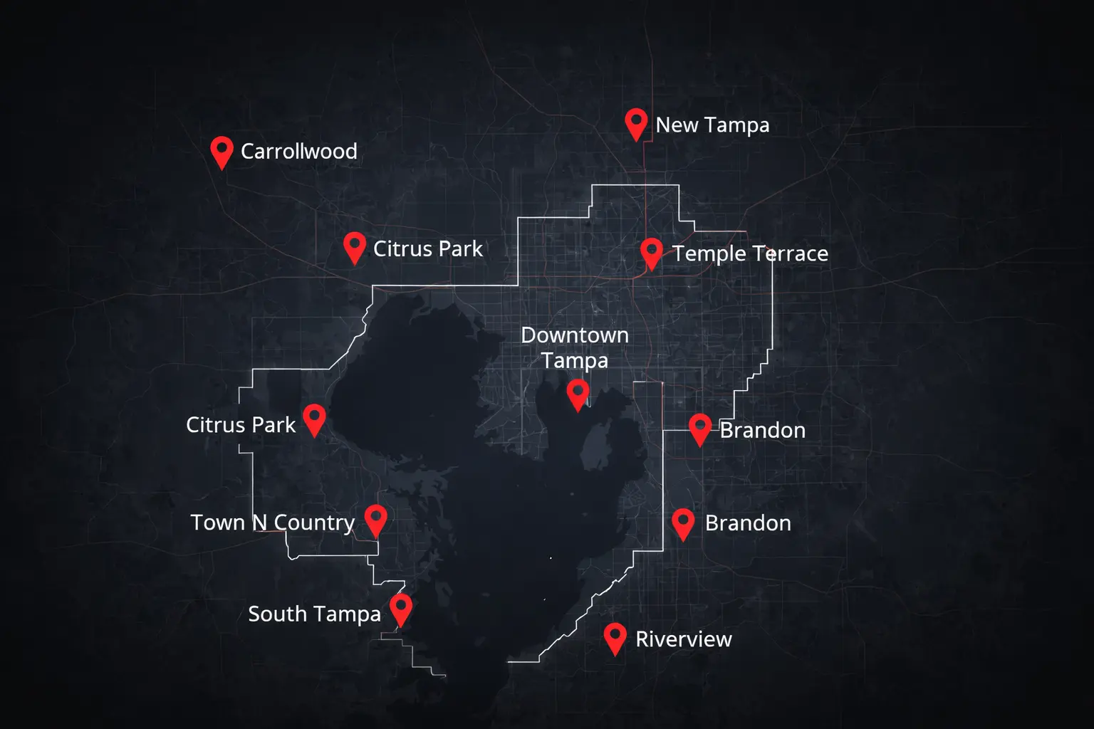 Vector map of Tampa, Florida showing Frontier Fiber service areas with red location pins for Downtown Tampa, South Tampa, New Tampa, Carrollwood, Temple Terrace, Citrus Park, Town N Country, Brandon, and Riverview.