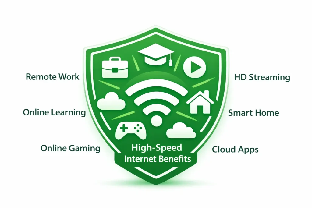 Green shield badge illustration showing high-speed internet benefits including remote work, online learning, HD streaming, smart home, online gaming, and cloud applications with WiFi icon in center.