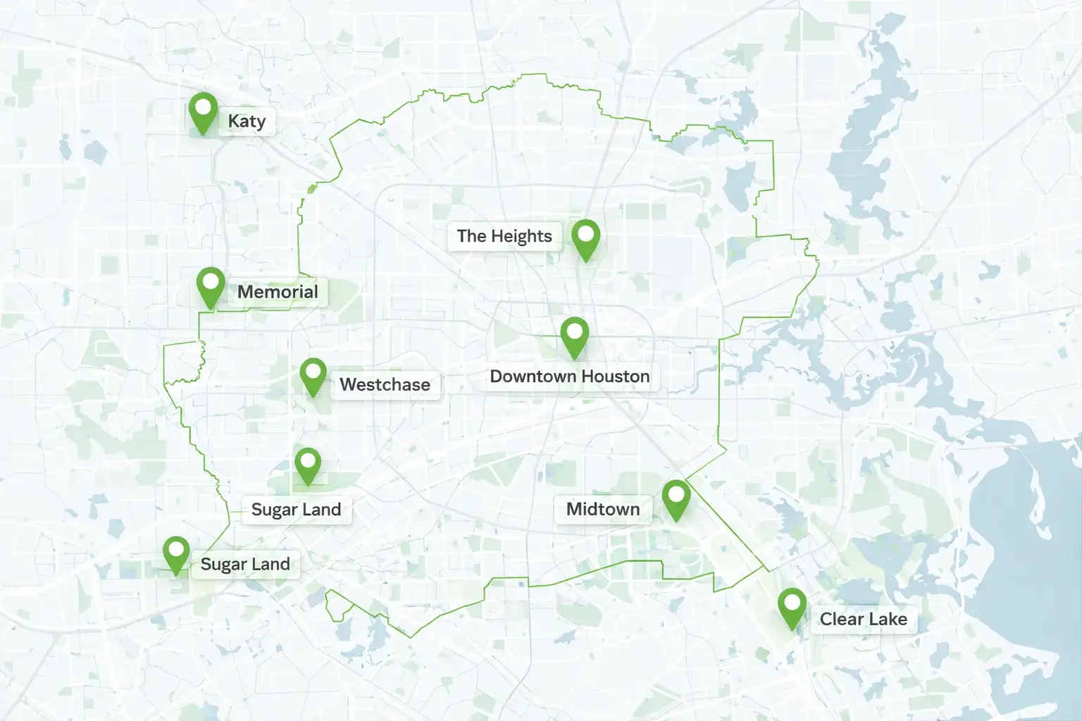 Houston Neighborhood Map with Highlighted Coverage Areas