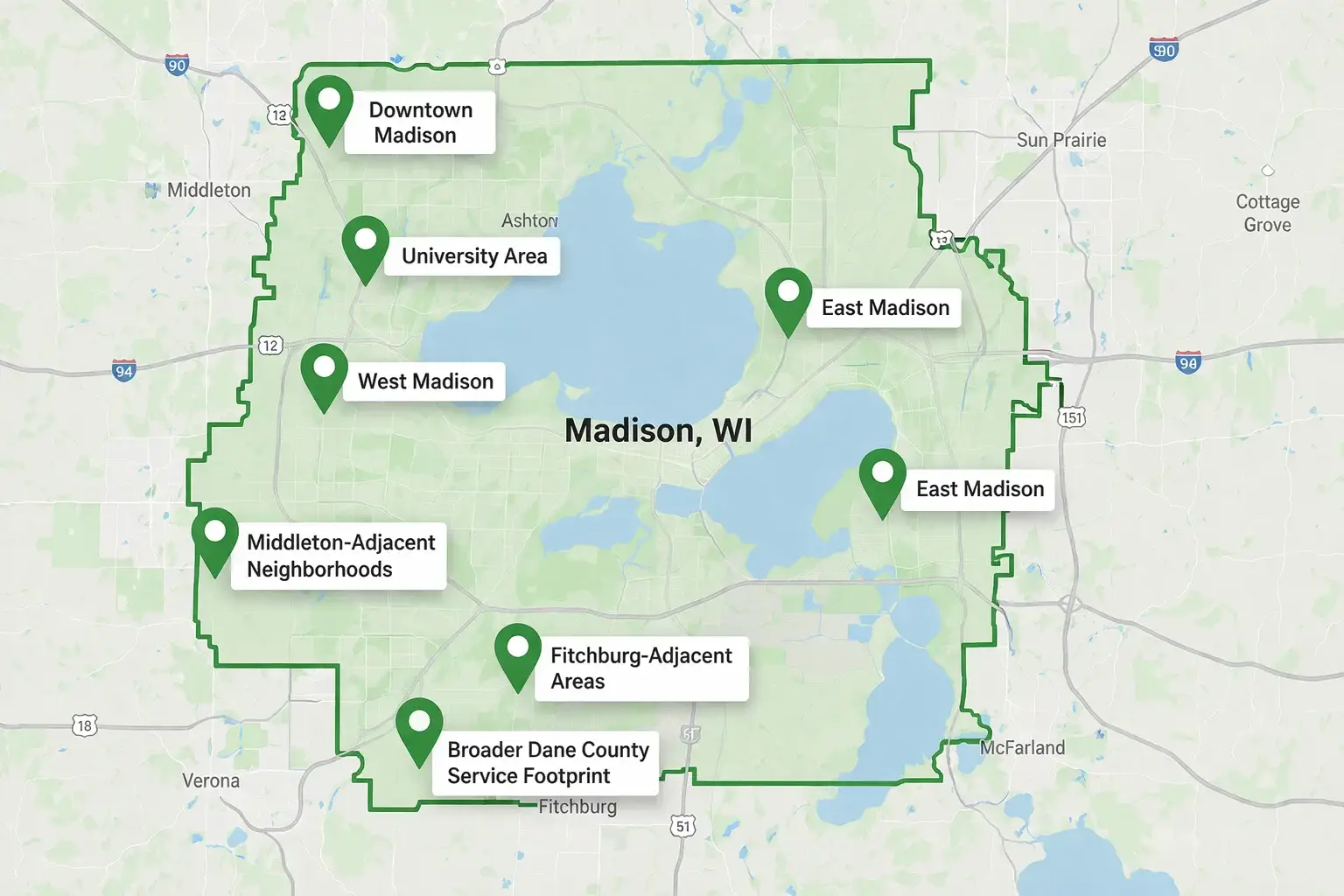Simplified map of Madison, Wisconsin with a green boundary outline and green location pins marking Downtown Madison, University area, Middleton-adjacent neighborhoods, West and East Madison, Fitchburg-adjacent areas, and the broader Dane County service area.