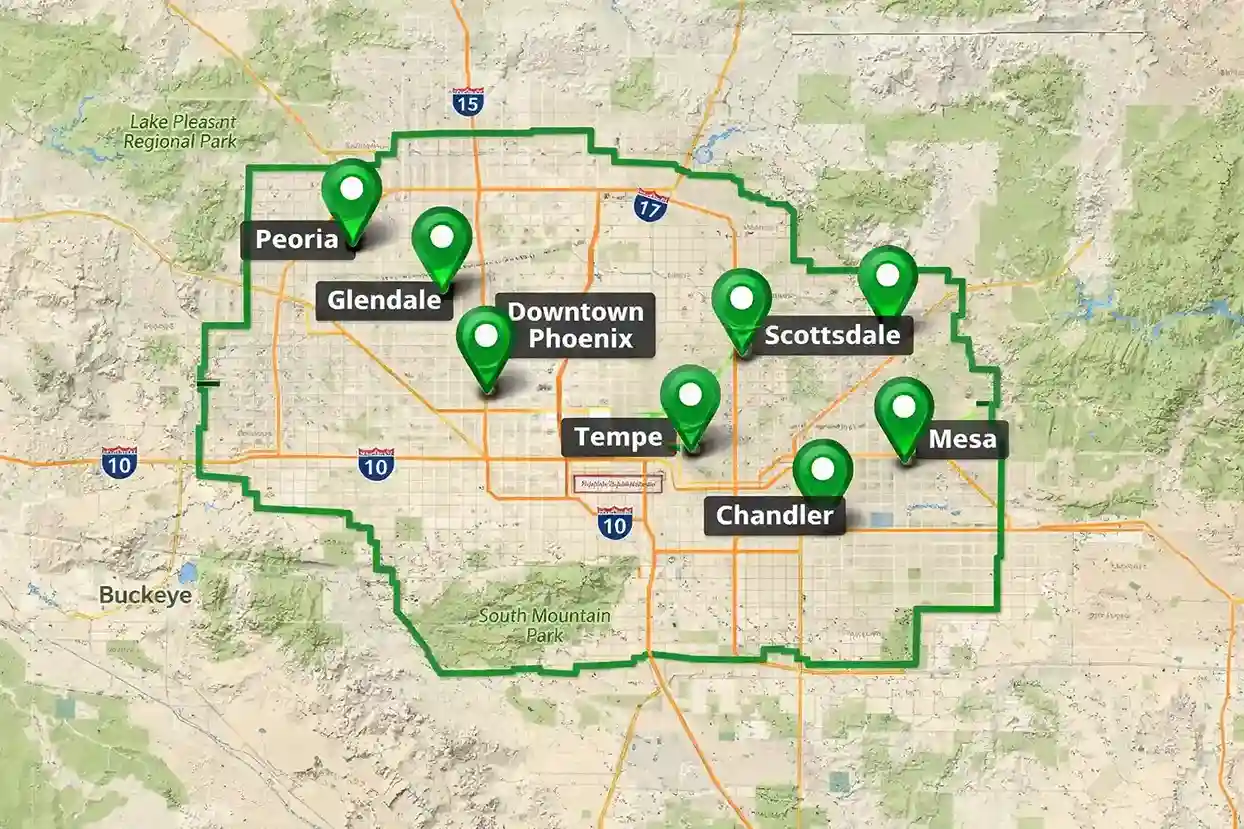 Phoenix, AZ Coverage Map with Key Areas and Service Locations