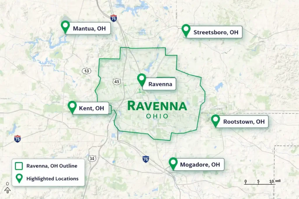 Map of Ravenna Ohio outlined in green with location pins highlighting Kent Streetsboro Rootstown Mantua and Mogadore service areas