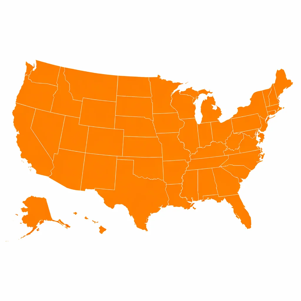 Flat map of the United States with all states filled in orange (#FF8800) and white boundary lines separating each state on a clean background.