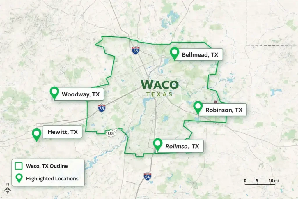 Map of Waco Texas outlined in green with location pins highlighting Hewitt Woodway Bellmead Robinson and McGregor service areas
