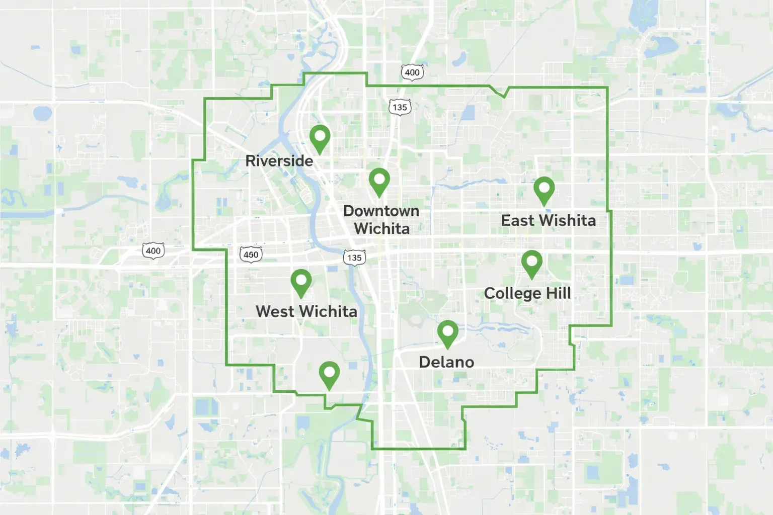 Map of Wichita, Kansas with city outline highlighted in green and location pins marking Downtown Wichita, East Wichita, West Wichita, College Hill, Riverside, Delano, and surrounding neighborhoods