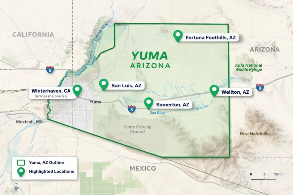 Map of Yuma Arizona outlined in green with location pins highlighting Fortuna Foothills Somerton Wellton San Luis and Winterhaven California service areas