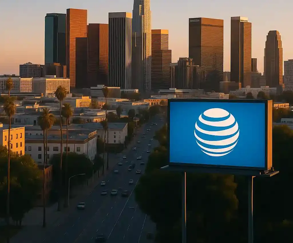 A high-resolution photo of downtown Los Angeles at sunset with an AT&T billboard in the foreground, showcasing the city skyline and palm-lined streets, representing AT&T Fiber’s strong presence in LA.