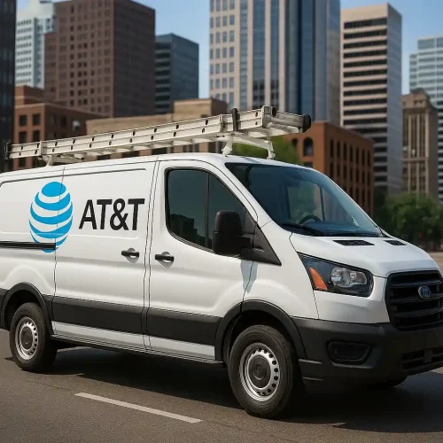AT&T installation van with official branding driving on a wide road in a busy American city, surrounded by tall buildings and clear skies, symbolizing reliable internet and wireless services.