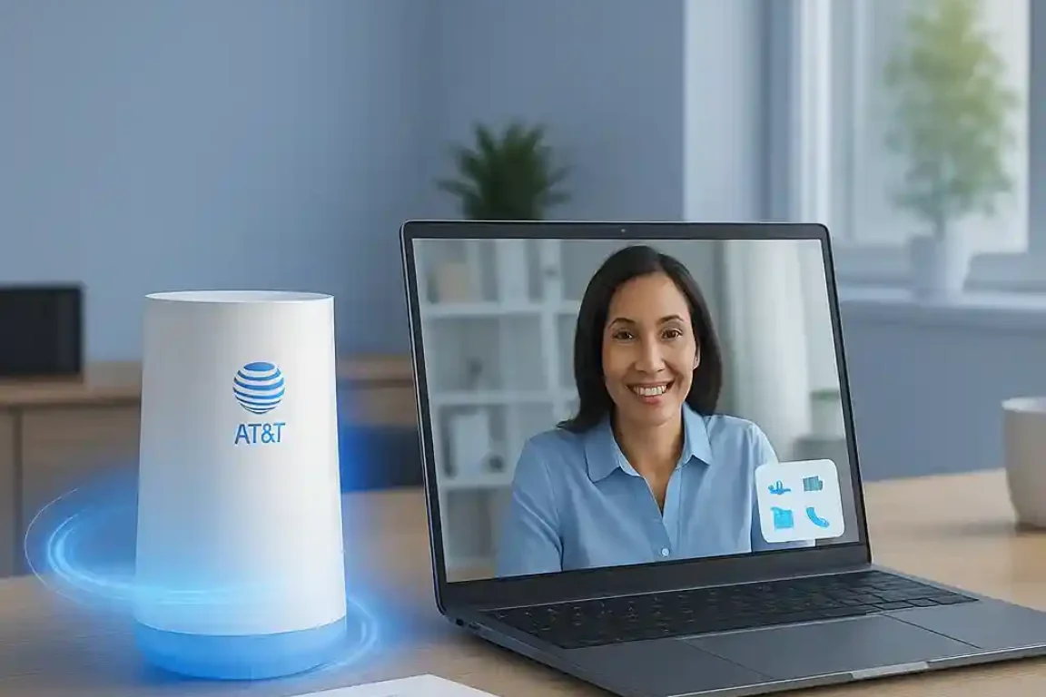 Realistic home office setup featuring an AT&T Wi-Fi router glowing with blue light beside a laptop showing a woman on a video call, placed on a wooden desk with documents and a pen, symbolizing reliable high-speed fiber internet for remote work.