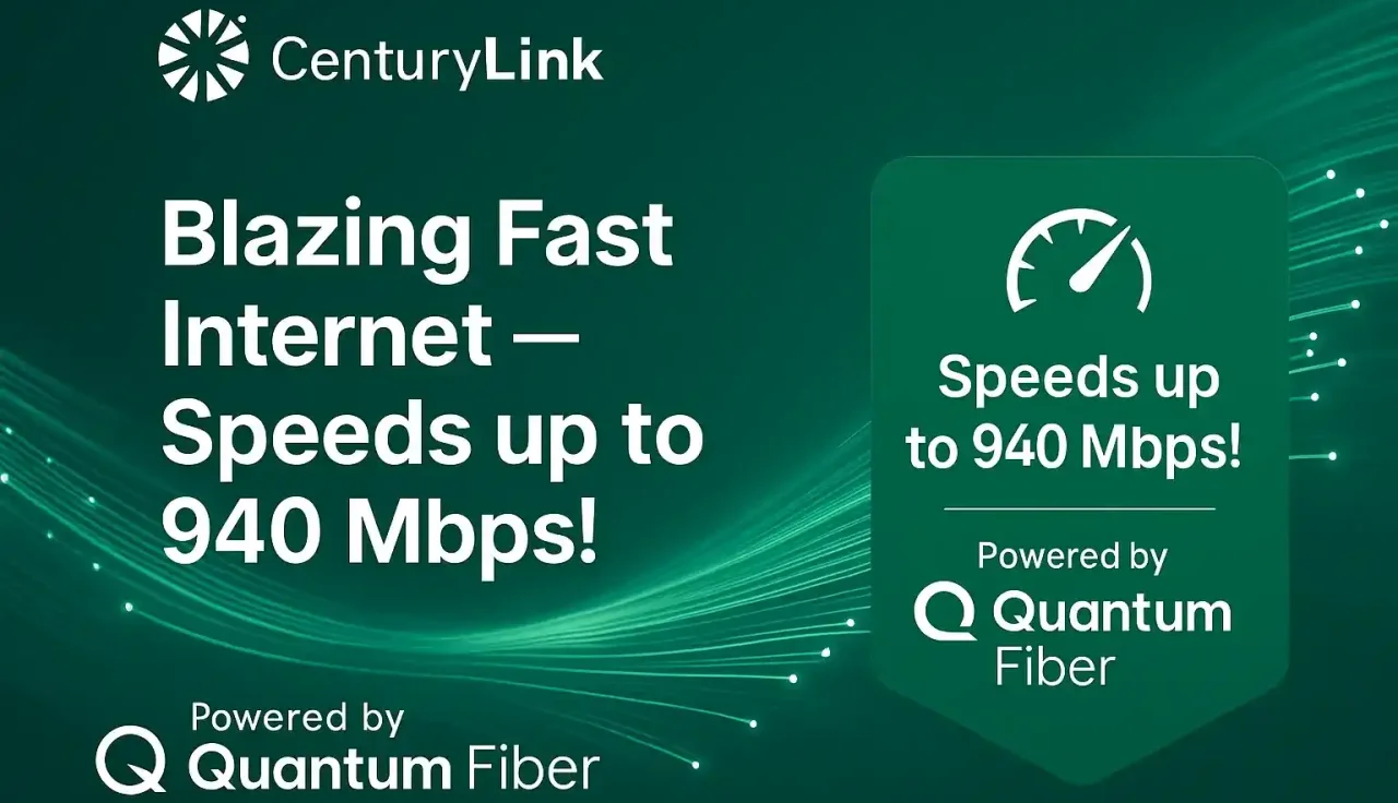 Web banner showing CenturyLink and Quantum Fiber logos with green fiber optic background and text promoting internet speeds up to 940 Mbps